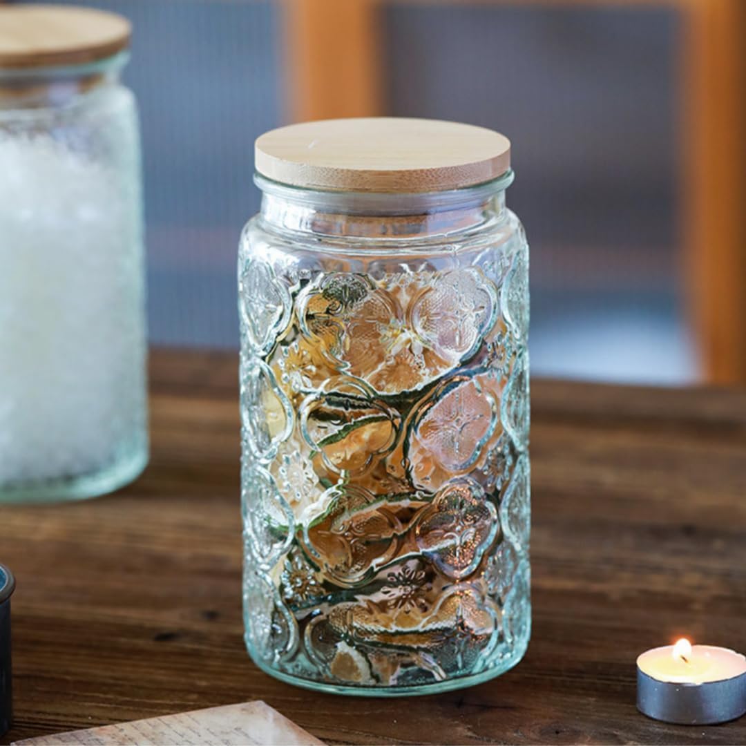 ANSQU Vintage Glass Storage Jar, 34 FL OZ Glass Food Storage Containers with Bamboo Lid, Airtight Cookie Jar Candy Jar for Kitchen Counter, Pantry, Coffee, Tea, Sugar (Round, Begonia)