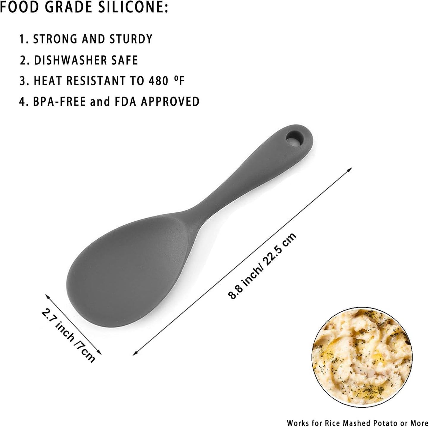 Dioycli Rice Paddle Nonstick Spatula - Heat Resistant Silicone Spoon, Kitchen Cooking Grey Scooper for Soup, Salads, Mashed Potato (2 Pcs)