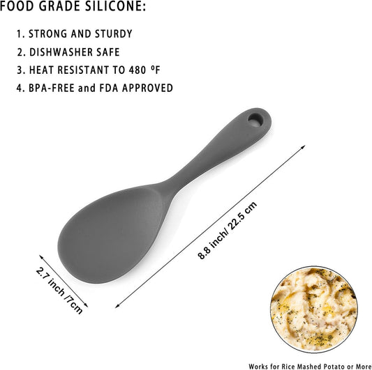 Dioycli Rice Paddle Nonstick Spatula - Heat Resistant Silicone Spoon, Kitchen Cooking Grey Scooper for Soup, Salads, Mashed Potato (2 Pcs)