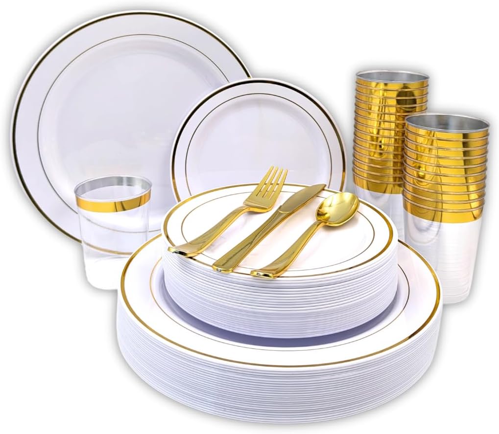 Tableware Dinnerware Set, Premium Heavyweight, Reusable or Disposable Party Plates, Includes Dinner Plate, Dessert Plate, Cutlery, and Cup (Gold, 150-Piece Set, Serves 25 Guests)