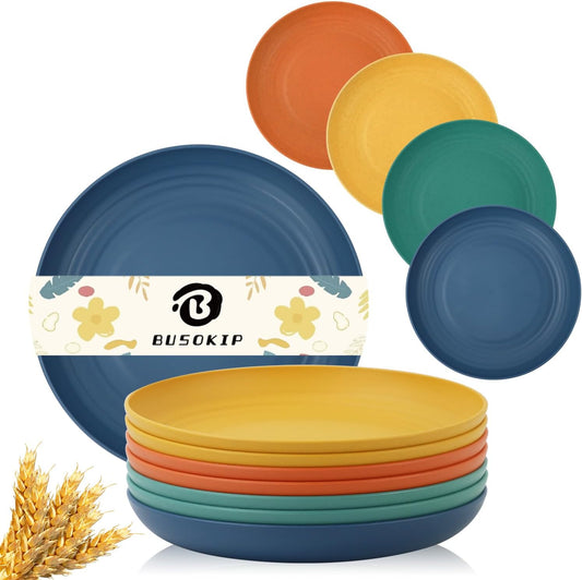 Wheat Straw Plates 10 Inch Deep Dinner Plate Set of 8, Lightweight and Unbreakable Plastic Plates Reusable, Microwave & Dishwasher Safe Kitchen Plate (Multi Colors)