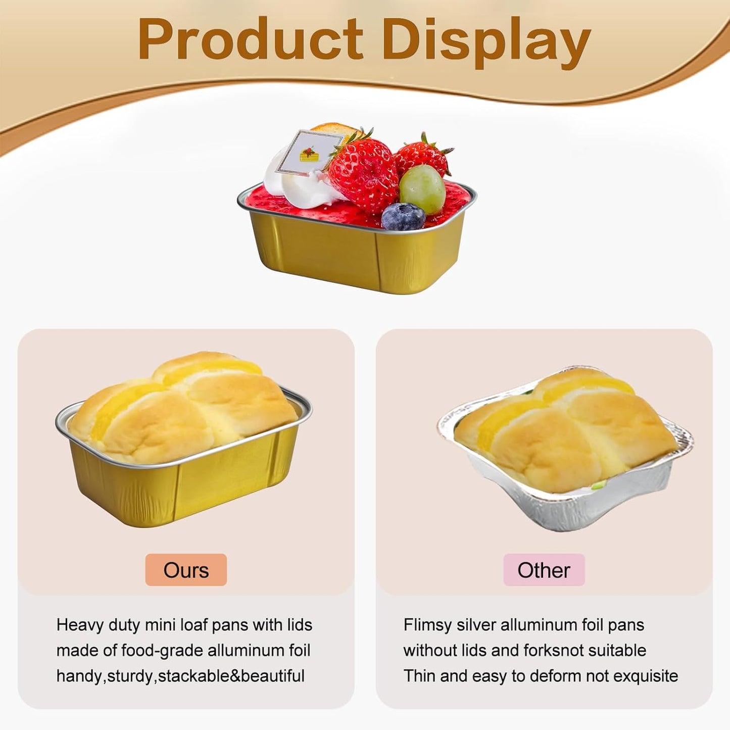 Mini Cake Pans With Lids And Spoons,5.5 oz Rectangle Mini individual Loaf Pans Disposable Aluminum Foil Small Baking Cups Tins (200, Gold)