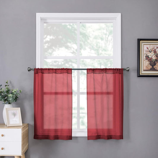 Tollpiz Sheer Tier Curtain Linen Textured Half Kitchen Curtains Sheer Light Filtering Rod Pocket Voile Small Curtains for Bathroom, 25 x 36 inches Long, Burgundy Red, Set of 2 Panels