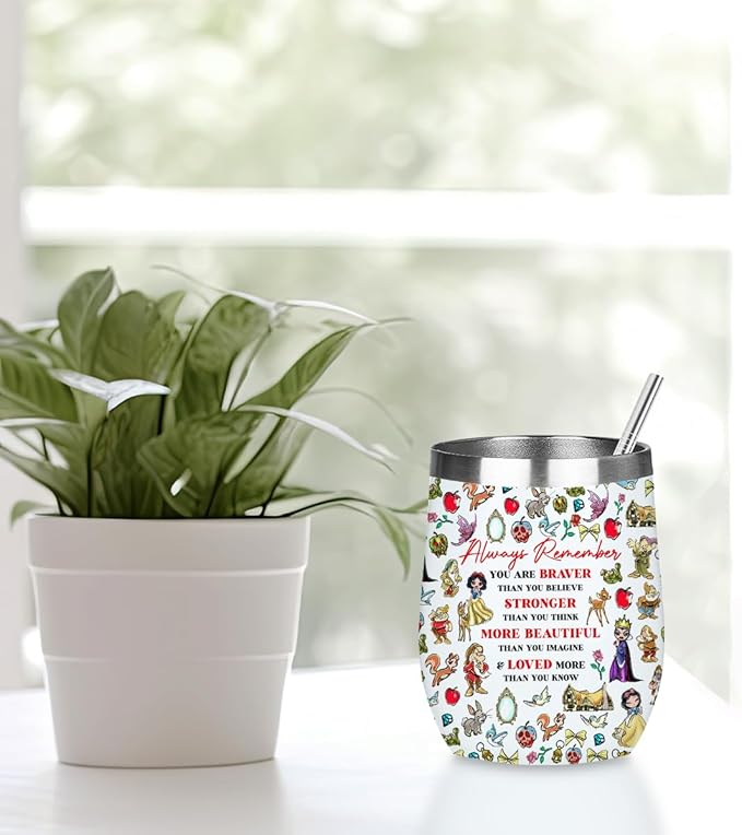 Magical Cute Wine Tumbler, Inspired Character Christmas Birthday Gifts for Women Girls Magic Inspirational Encouragement Gifts Coffee Cup Insulated Stainless Steel 12oz Wine Glass with Lid, Straw