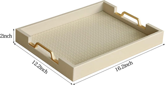 HofferRuffer Faux Leather Rectangle Serving Tray Decor Platter with Gold Metal Handles for Coffee Table, Breakfast, Tea, Food, Countertop, Kitchen, Butler Tray, 16.2 x 12.2 x 2 inches (Cream White)