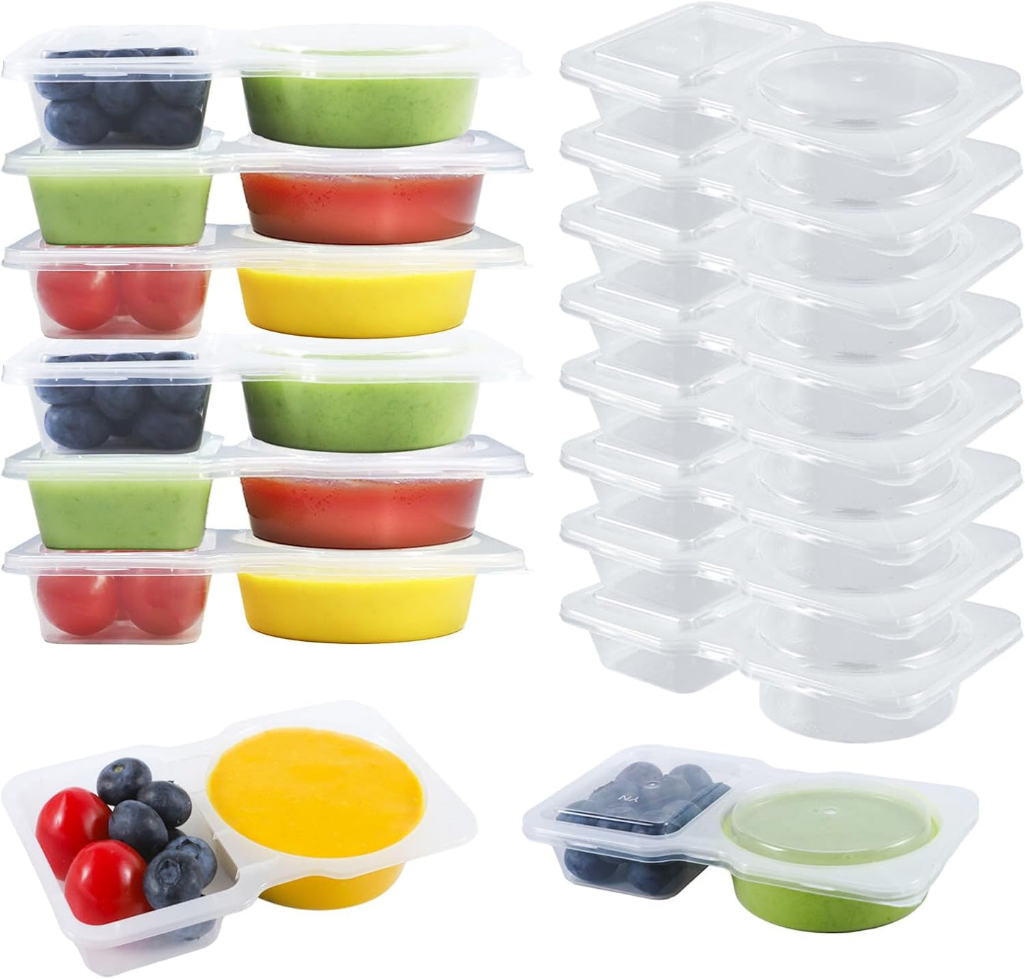 50 Pack 4.5 Oz Double Compartment Condiment Container With Lids, Disposable Sauce Container, Clear Plastic Snack Containers