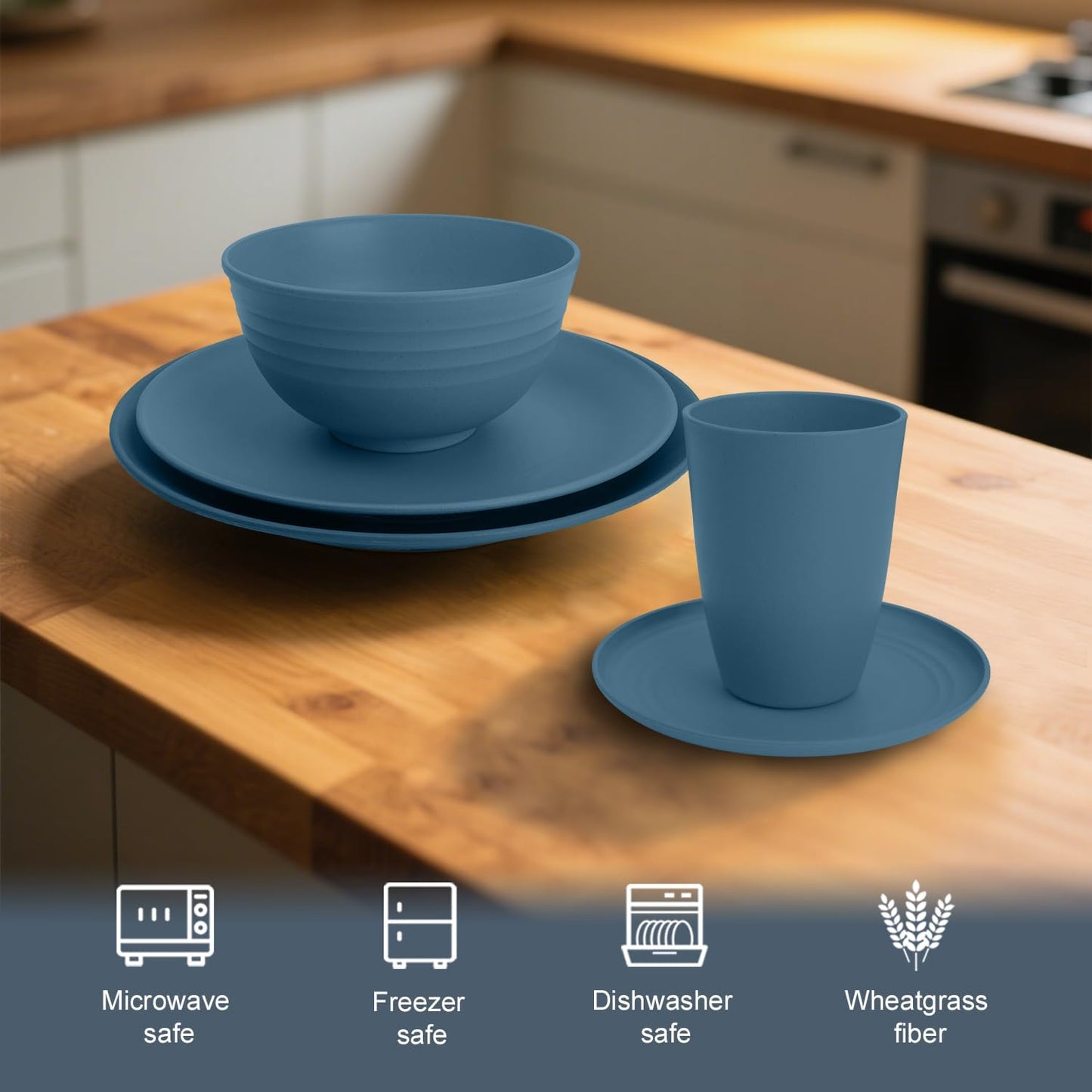 Wheat Straw Dishes Set 40 PCS, Unbreakable Dinnerware Set of 8 - Dinner Plates, Cereal Bowls, Water Cup, Lightweight, Reusable, Microwave & Dishwasher Safe Bowls for Kitchen and Outdoor - Blue
