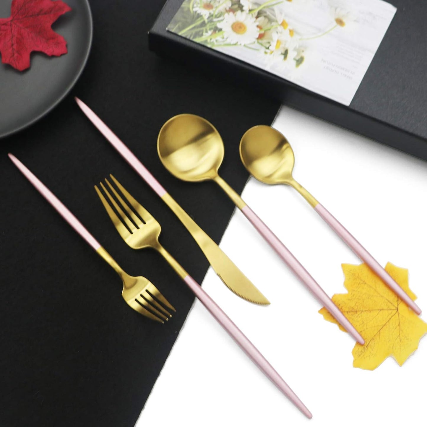 JASHII Luxury 18/10 Pink Handle Flatware Gold Silverware Set 304 Stainless Steel Flatware Cutlery Set| 24-Piece Adaline Royal Modern Satin Finish| BEST Birthday Wedding Gift (Pink Handle Matte Gold)