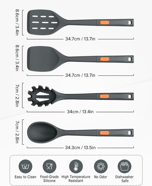 Silicone Spatulas and Spaghetti Spoons, 4 Pack Heat Resistant Full Silicone Cooking Utensils Set, Non Stick Large Kitchen Spatula Spoons for Cooking, Mixing, Serving, Draining