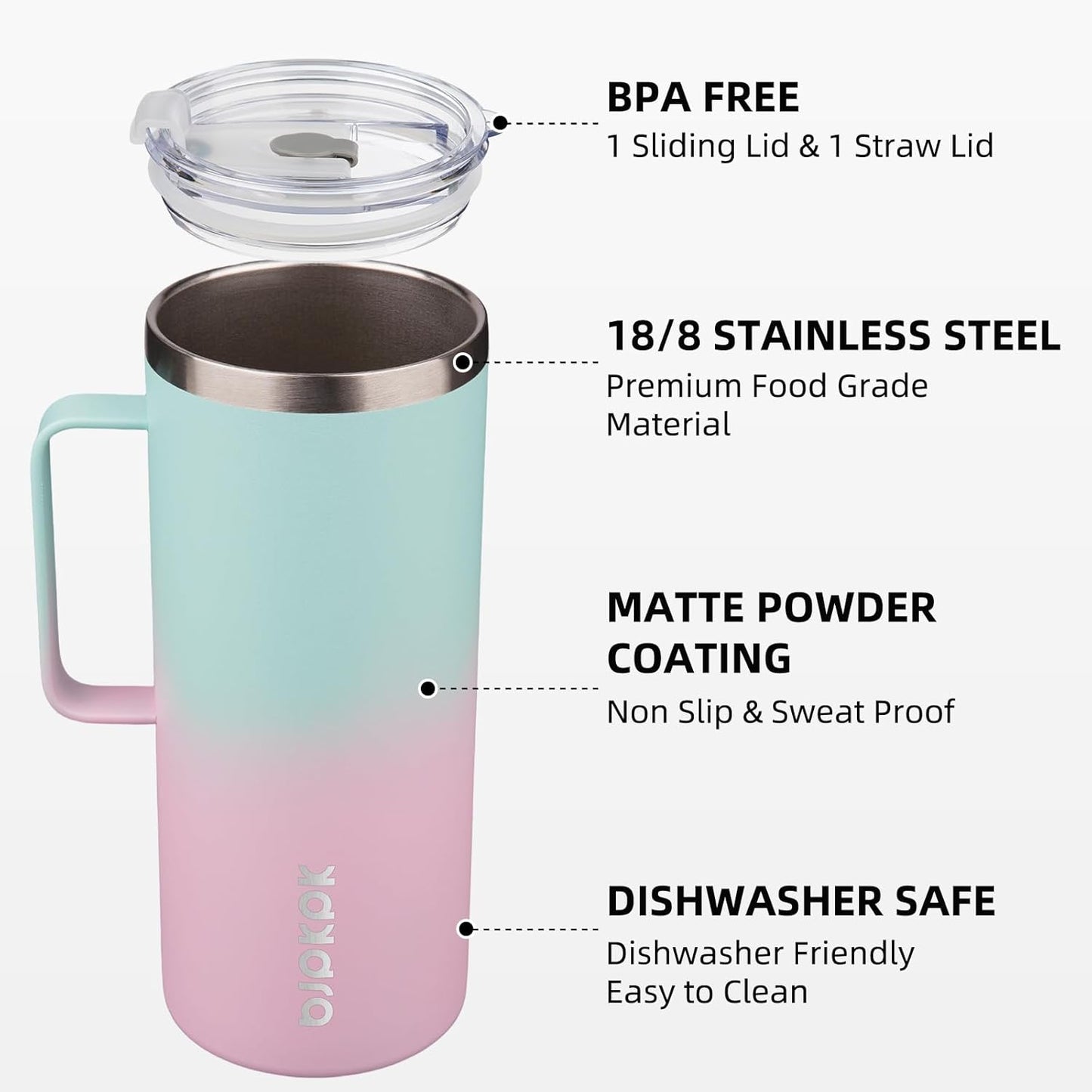BJPKPK Insulated Coffee Mug with 2 Lids, 32oz Stainless Steel Insulated Tumbler with Handle, Double Wall Vacuum Coffee Cups, BPA Free Travel Mug for Coffee, Tea and Drinks, Marshmallow