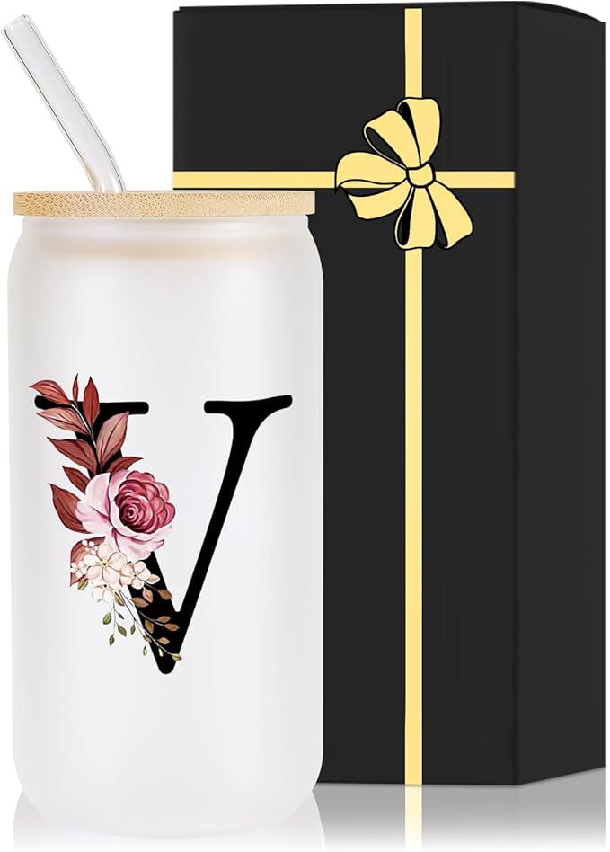 Monogrammed Glass Drinking Cup With Lid Straw Women Men Teacher Christmas Gifts Math Biology Piano Future Mentor Speech Substitute Ballet Drama Guitar Yoga Montessori Physics Chemistry Band,V