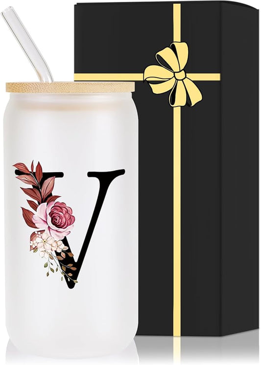 Monogrammed Glass Drinking Cup With Lid Straw Women Men Teacher Christmas Gifts Math Biology Piano Future Mentor Speech Substitute Ballet Drama Guitar Yoga Montessori Physics Chemistry Band,V