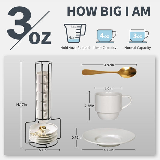 Lareina Porcelain Stackable Espresso Cups with Saucers, Spoons and Metal Stand, 3 Ounce Small Coffee Cups Set of 6 - Ceramic Demitasse Mugs, White