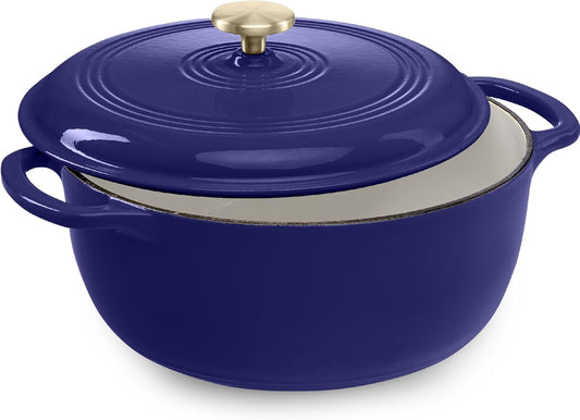 Best Choice Products 7.5 Quart Enamel Cast-Iron Round Dutch Oven, Family Style Heavy-Duty Pre-Seasoned Cookware for Home, Kitchen, Dining Room, Oven Safe w/Lid, Dual Handles - Sapphire Blue