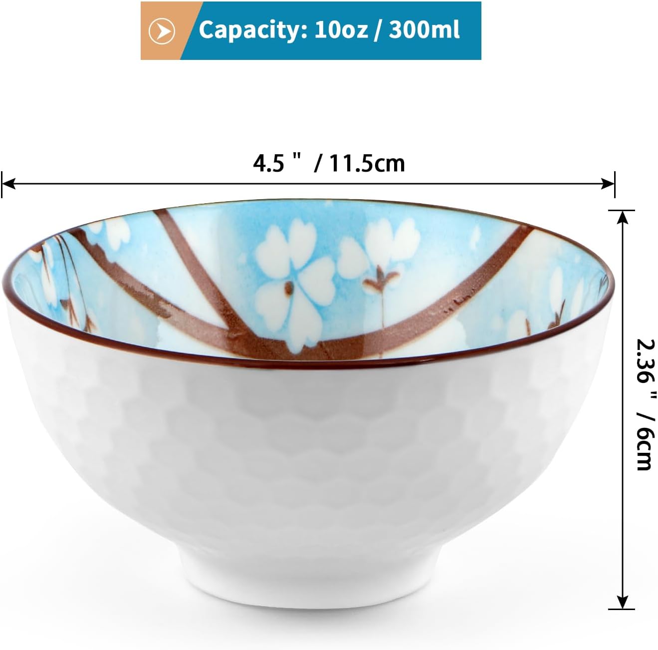 Ceramic Rice Bowls 10 oz, Sakura Bowl Gift Set, Dinnerware Serving Bowls for Rice, Cereal, Noodle, Soup, Desserts, Pack of 6 (Blue)