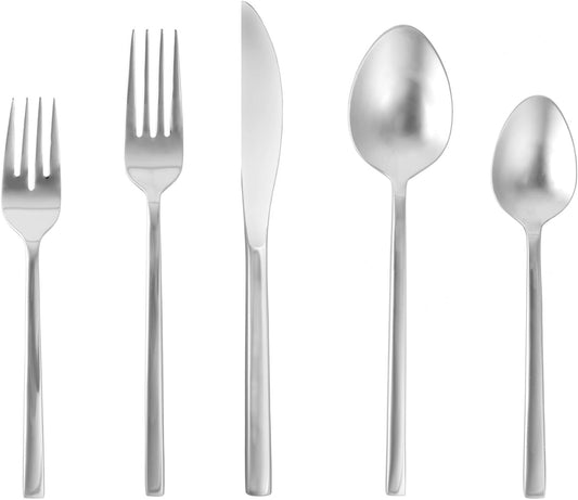 FORTESSA Arezzo 18/10 Stainless Steel Flatware, 5 Piece Place Setting With Knife, Forks and Spoons (Service For 1), Dishwasher Safe, Brushed Silver