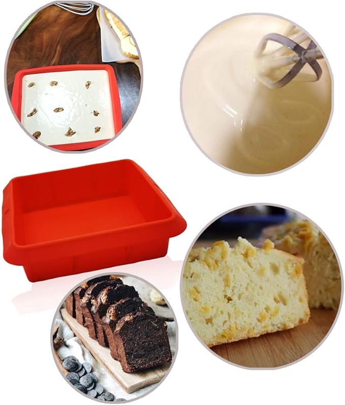 8X8inch Silicone Square Cake Baking Pan, Deep-Dish Roasting Lasagna, Silicone Baking Bakeware Brownie Pan +10 Pastry Muffin Molds Set of 11(Red)