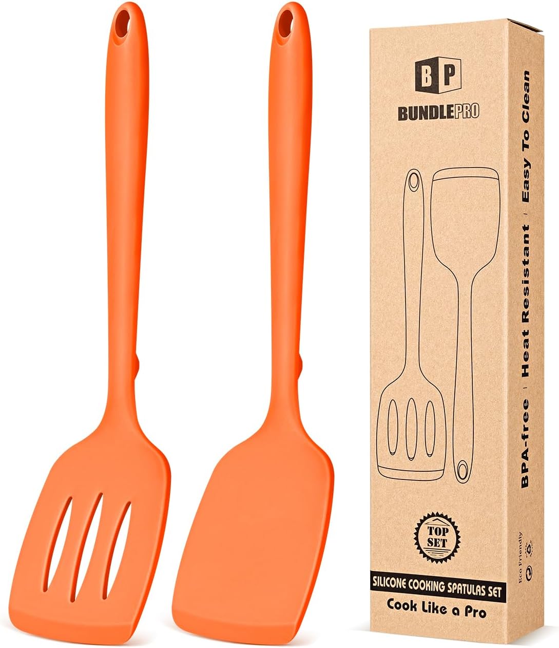 Pack of 2 Silicone Spatula Turners, Non Stick Slotted Kitchen Spatula Set, Heat Resistant BPA Free Kitchen Utensils, One-Piece Design, Suitable for Flipping Fish, Eggs, Steak, Pancakes (ORANGE)