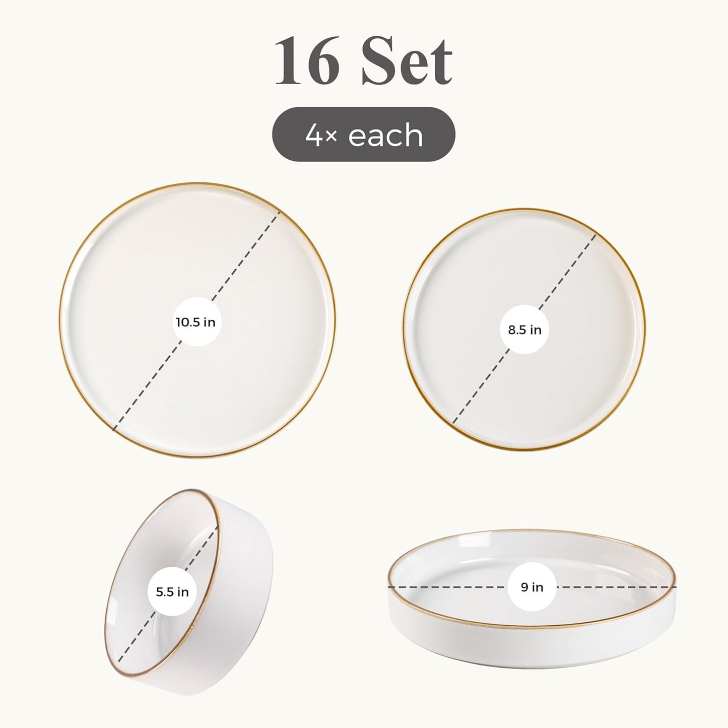 GBHOME Ceramic Dinnerware Sets With Double Bowl for 4, 16 Pieces Stoneware Plates and Bowls Set, Reactive Glaze Dishes -Scratch Resistant, Dishwasher&Microwave Safe-Pearl White