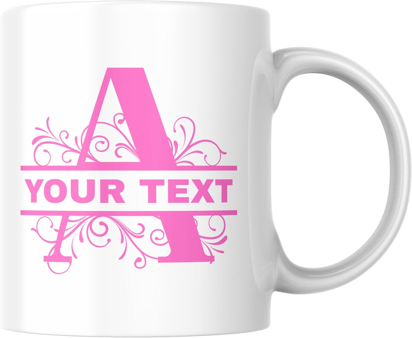 Customizable 11oz Coffee Mug - Sublimated Printed Mugs with Personalized Text, Names, and Initials. Perfect as Gifts for Men and Women for Birthdays (White Mug) (Monogram Pink)