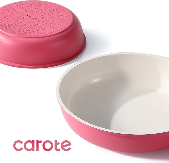 CAROTE Ceramic Pots and Pans Set Non Stick, Nonstick Kitchen Cookware Sets with Lid, Detachable Handle Sauté Pan Set, Non Toxic Frying Pan, Oven Safe, Induction Ready, Pink