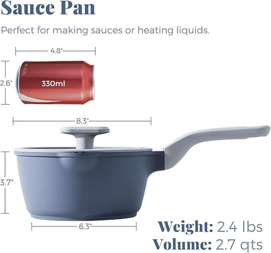 PRICUSIS Nonstick Saucepan with Lid, 2.7 Quart Ceramic Sauce Pan, Non Toxic Sauce Pot with Pour Spouts for Multipurpose Use, PTFE, PFOA & PFAS Free, Induction Compatible.