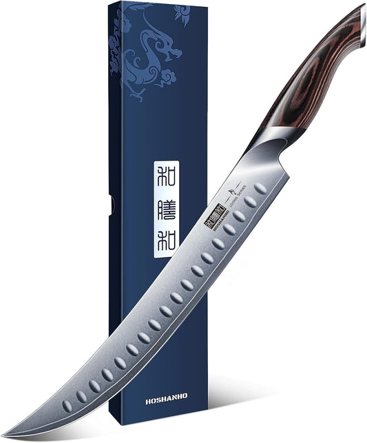 HOSHANHO Carving Slicing Knife, 10 Inch Japanese High Carbon Steel Brisket Knife with Ergonomic Pakkawood Handle, Razor Sharp Curved Butcher Breaking Knives for Meat Cutting