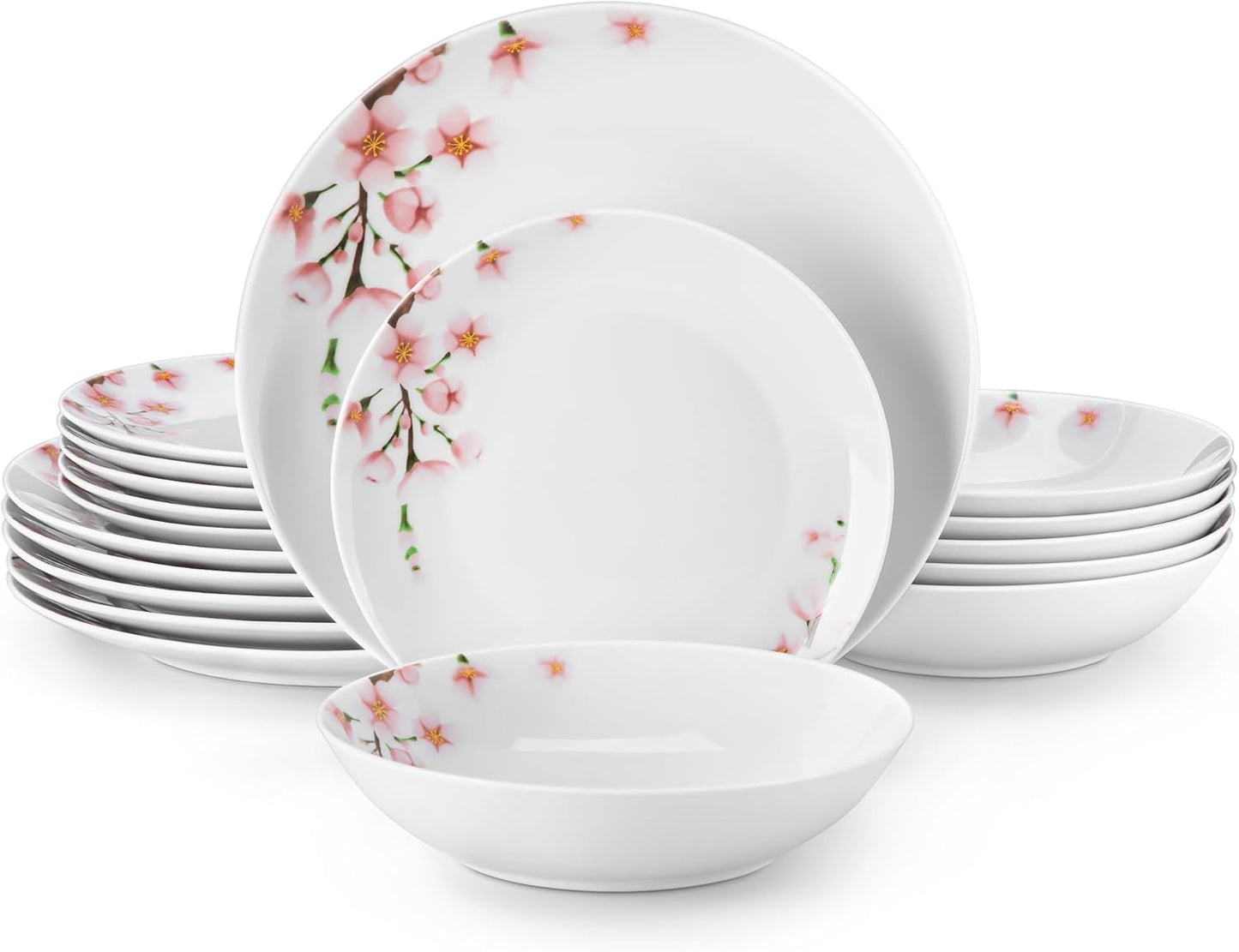 VEWEET 18 Pieces Dinnerware Sets for 6, Porcelain Plates and Bowls Set with Pink Floral, Classic Dishes Set Dining Ware for Dinner, Microwave and Dishwasher Safe, Series ANNIE