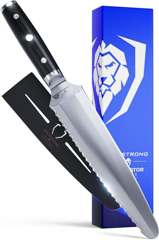 Dalstrong Dual Chef Knife - 8 inch - Gladiator Series Elite - Straight+Serrated Edge - Forged High Carbon Steel Sharp Kitchen Knife - Full Tang Knife Gift- Black G10 Handle - Sheath - NSF Certified