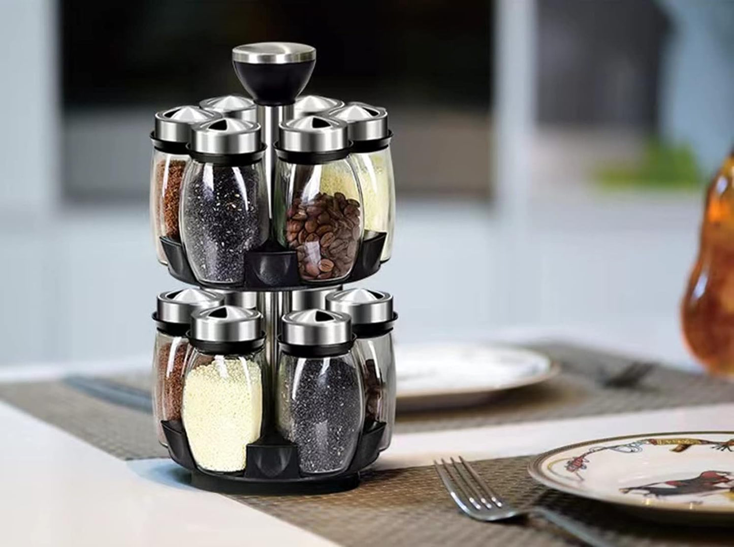 Revolving Spice Rack Organizer Storage for kitchen, Spice Stand Holder, Spinning Countertop Herb and Spice Rack Organizer with 12 Glass Jar Bottles Set