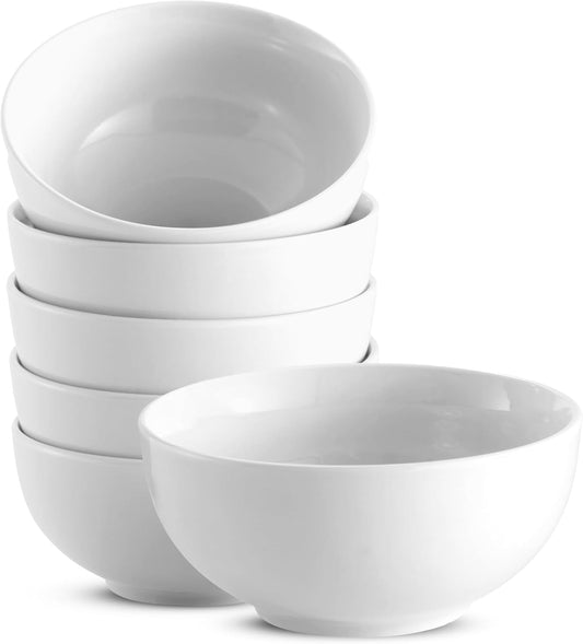 KooK Soup Bowls, Cereal Bowl, Ceramic, Bowls for Kitchen, Microwave, Dishwasher and Freezer Safe, Porcelain Dishes for Pasta, Salad, Oatmeal, Deep Interior, 20 oz, Set of 6, (White)