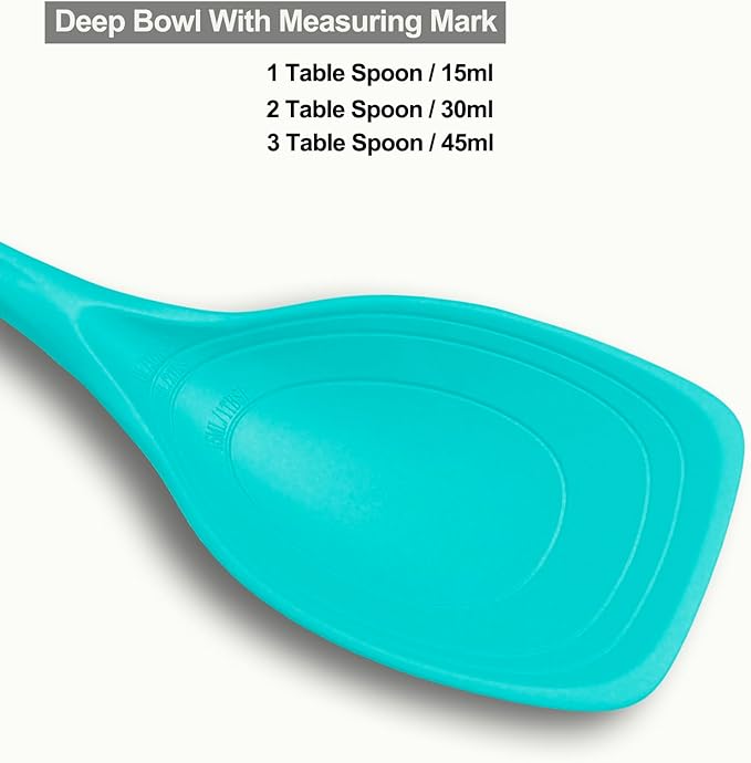 2 Pack Large Silicone Cooking Spoons set, Non-Stick Slotted/Solid Spoon set with Deep Bolw& Measurement Mark for Mixing, Serving, Draining, Scooping, Scraping, Heat Resistant Kitchen Utensils,Teal