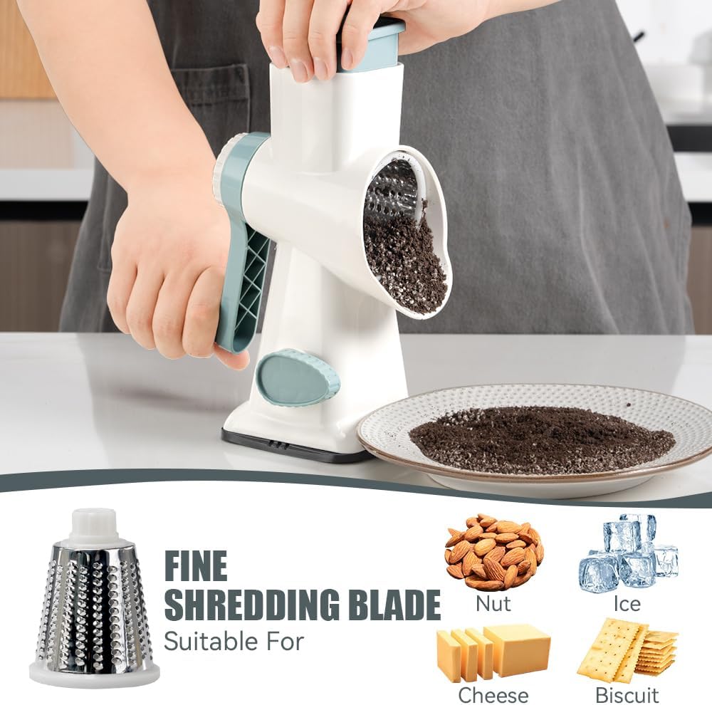 KEOUKE Rotary Cheese Grater Hand Crank White - Shredder Slicer Grinder 3 Stainless Steel Blades, Stable Suction, Labor-Saving Handle, Safe Kitchen Tool for Cheese, Vegetable, Nuts, Chocolate
