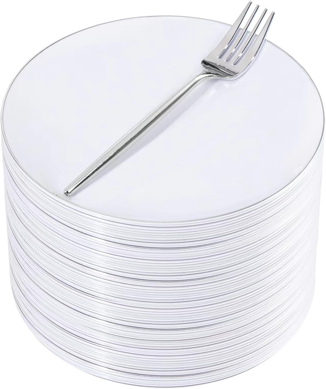 Rubtlamp 100Pcs Silver Plastic Dessert Plates 7.5inch,100Pcs Disposable Silver Forks,White Plastic Plates With Silver Rim, Small Plastic Plates,Dessert Plates With Forks for Appetizer Cake