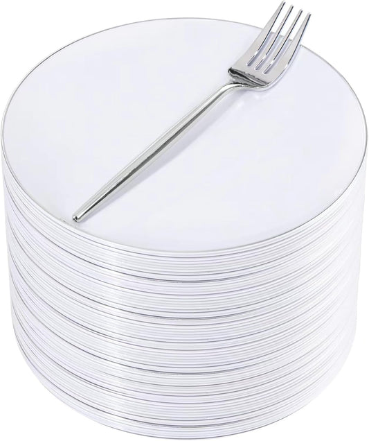 Rubtlamp 100Pcs Silver Plastic Dessert Plates 7.5inch,100Pcs Disposable Silver Forks,White Plastic Plates With Silver Rim, Small Plastic Plates,Dessert Plates With Forks for Appetizer Cake