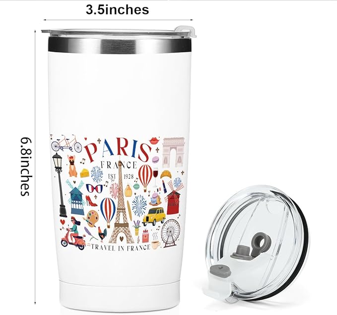 Paris Travel Gifts for Women Tumbler, 20 oz Stainless Steel Coffee Mug，Insulated Cup with Lid for Car, Travel Essentials Gifts for Women Men Traveler France Paris Lover Friendship Birthday Christmas