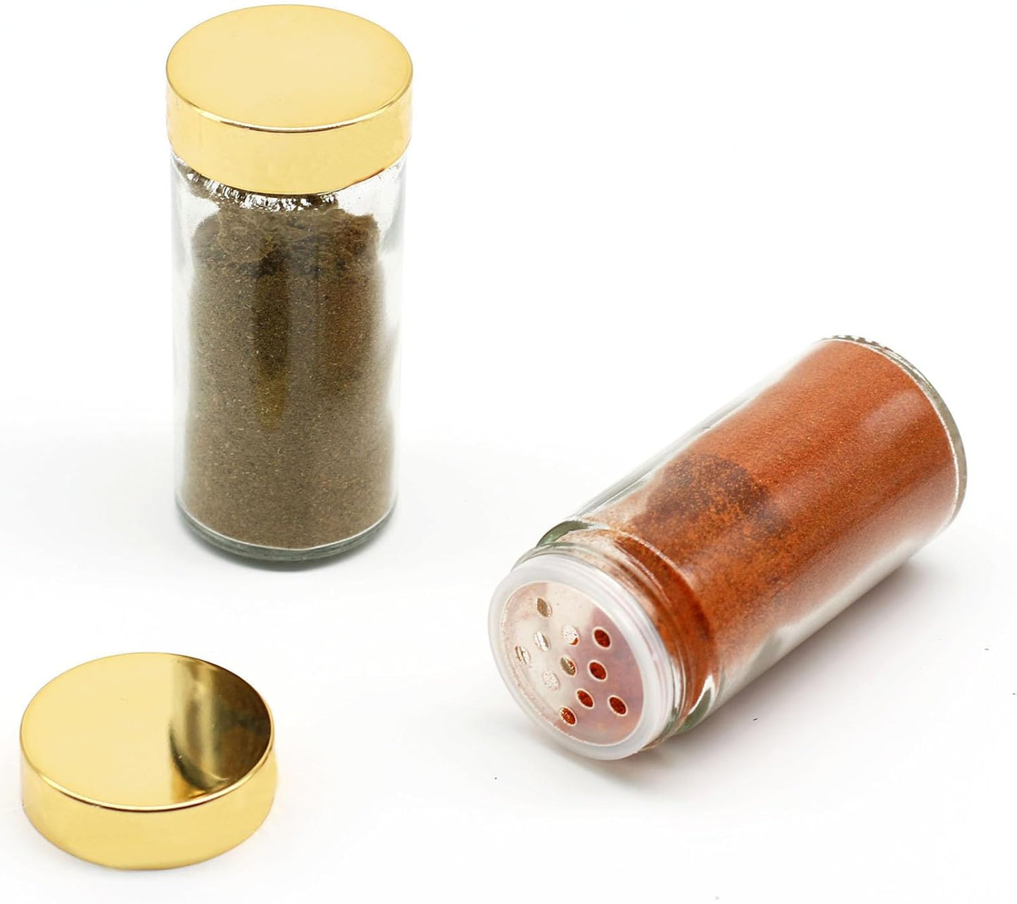 2pcs Gold Spice Jars, 3 oz Glass Seasoning Bottles, Spices Container, Empty Spice Jars, Round Spice Bottles with Airtight Plastic Caps with Shaker Lids (2, gold)