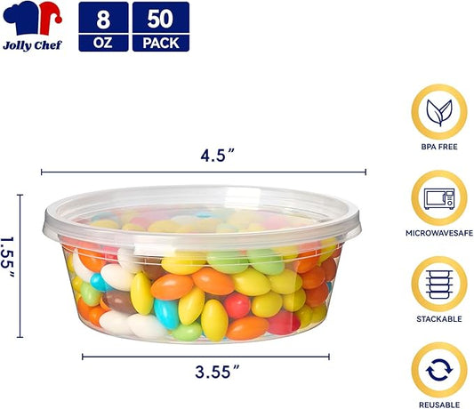 JOLLY CHEF Deli Food Storage Containers with Lids 8 OZ 50 Set Food Storage Containers, Leakproof |Stackable | Microwave | Dishwasher | Freezer Safe