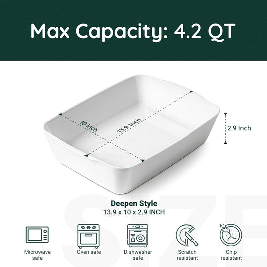 4.2 QT Deep Ceramic Baking Dish, White Casserole Dish, Lasagna Pan for Oven, Ceramic Baking Pan, Kitchen Decor, Microwave Oven Safe, Dinner, Wedding (10" x 13.9")