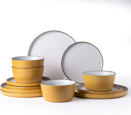 AmorArc Dinnerware Set for 4,12 Pieces Ceramic Plates and Bowls Set, Handcrafted Speckled Stoneware Tableware, Dishwasher & Microwave Safe Dishes - (Service for 4)