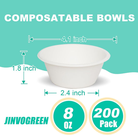 200 Count 8 oz Paper Bowls, Small Disposable Compostable Bowls, Heavy Duty Biodegradable Sugarcane Bagasse Bowl for Snacks, Fruits, Desserts, White