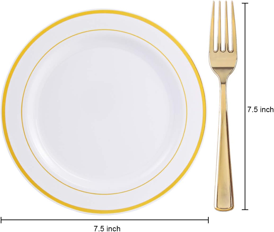 I00000 144 Small Plastic Dessert Plates Set Include 72 Pcs Gold Dessert Plates 7.5" with 72 Pcs Forks 7.5",Disposable Cake Plate,Fancy White Gold Plastic Small Plates for Party