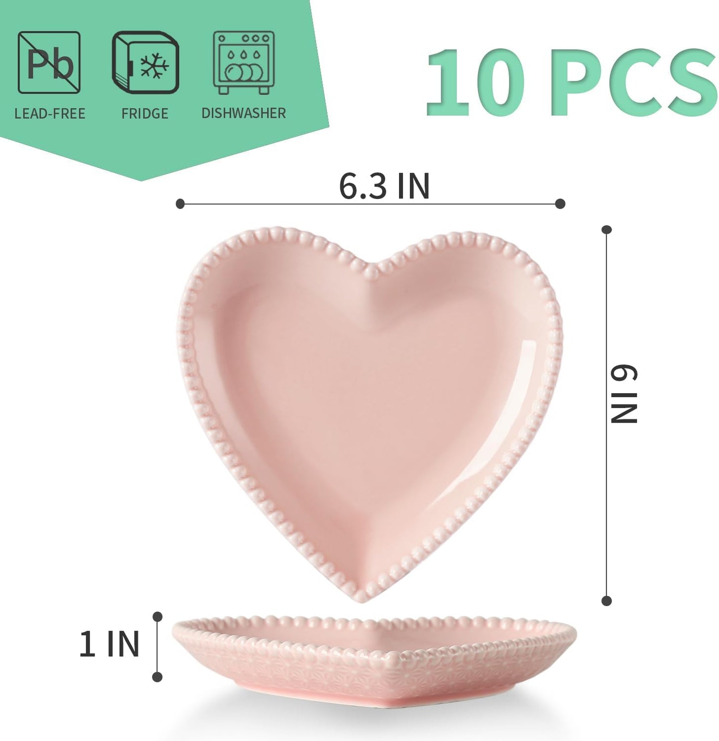 OMAYKEY 6.3 Inch Ceramic Dessert Plates, Small Salad Plates, Porcelain Heart Shaped Appetizer Plates, Dinner Plates for Cake, Snack, Ice Cream, Microwave, Oven, Dishwasher Safe, Pink - Set of 10