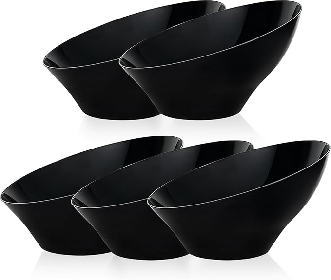 Goodluck 5 Pack Black Plastic Serving Bowls for Party - 20 OZ Angled Disposable Serving Bowls for Wedding Party Chip, Candy, Salad & Fruit