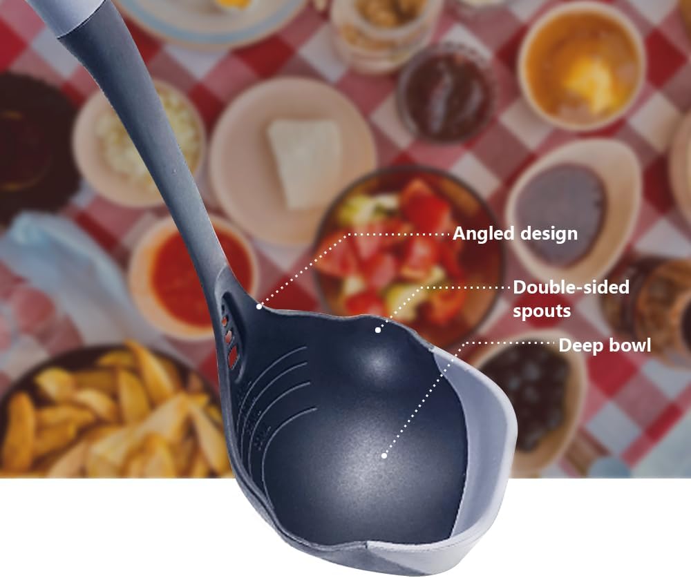 Flexible & Sturdy Kitchen Ladle Spoon Set for Nonstick Pots n Pans | Heat-Resistant Soup Ladle Canning Serving Spoons with Measurement Marks | Dishwasher Safe Cooking Utensil Tools