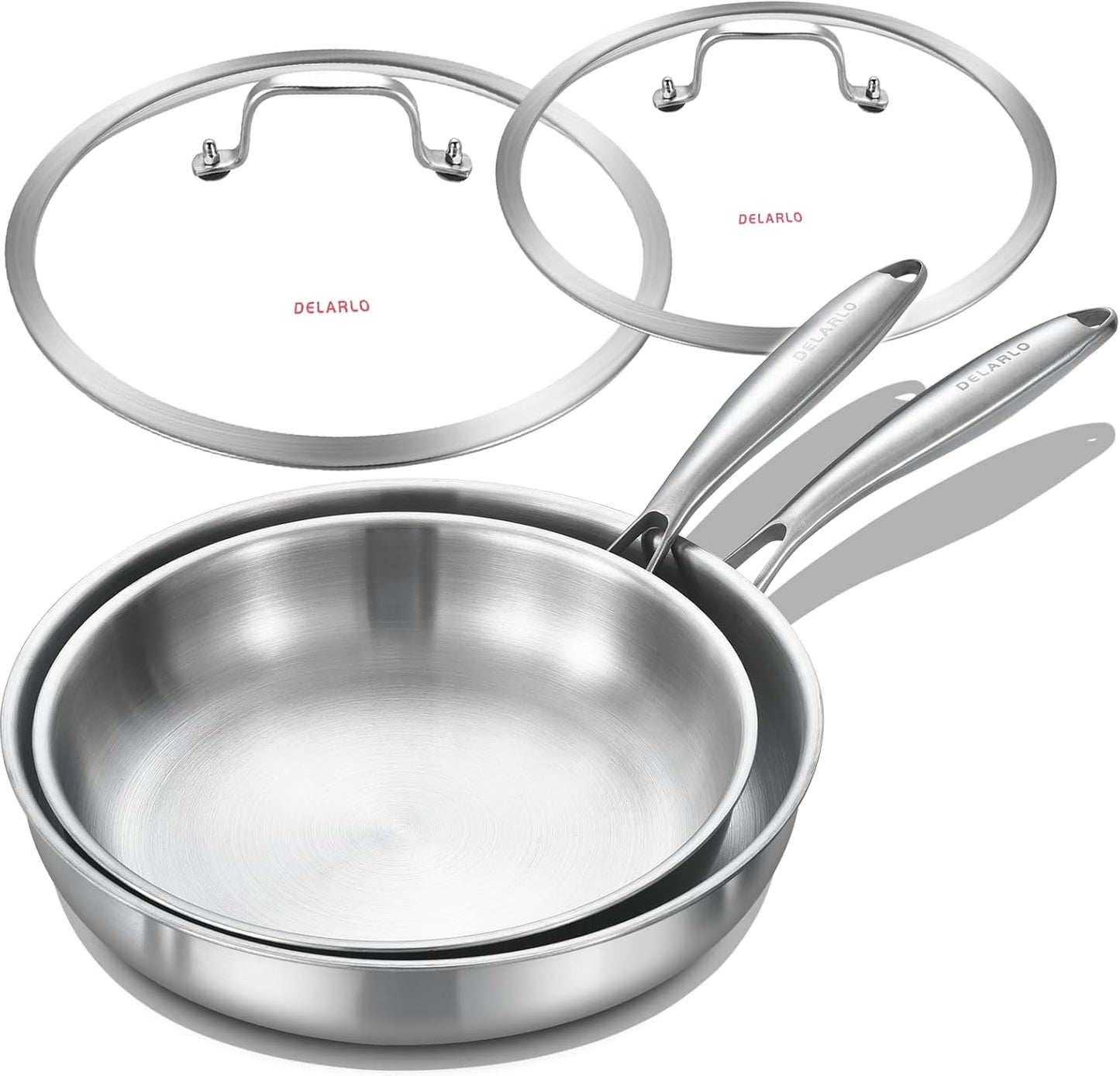 DELARLO Tri-ply Stainless Steel Kitchen Cookware Frying Pan Set with Lid 10.5" 12.5" Induction large Skillets Chef's Pan,Pots and Pans Set Kitchen Cookware Set Suitable for All Stove