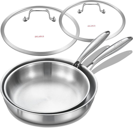 DELARLO Tri-ply Stainless Steel Kitchen Cookware Frying Pan Set with Lid 10.5" 12.5" Induction large Skillets Chef's Pan,Pots and Pans Set Kitchen Cookware Set Suitable for All Stove