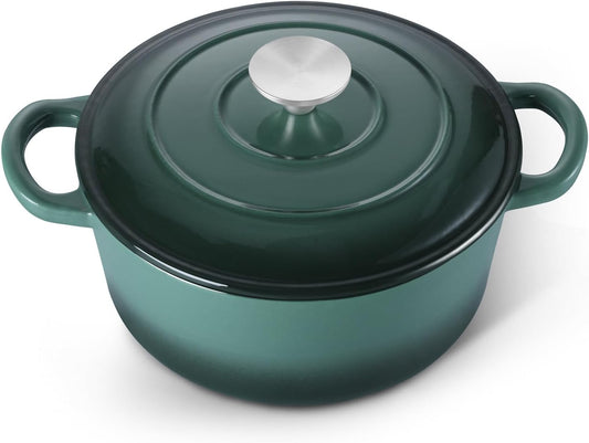 E-far 3 Qt Enameled Cast Iron Dutch Oven with Lid, Small Round Nonstick Dutch Oven Pot for Bread Baking Braising Stews Roasting Cooking, Heavy Duty, Induction & Oven Safe - Forest Green
