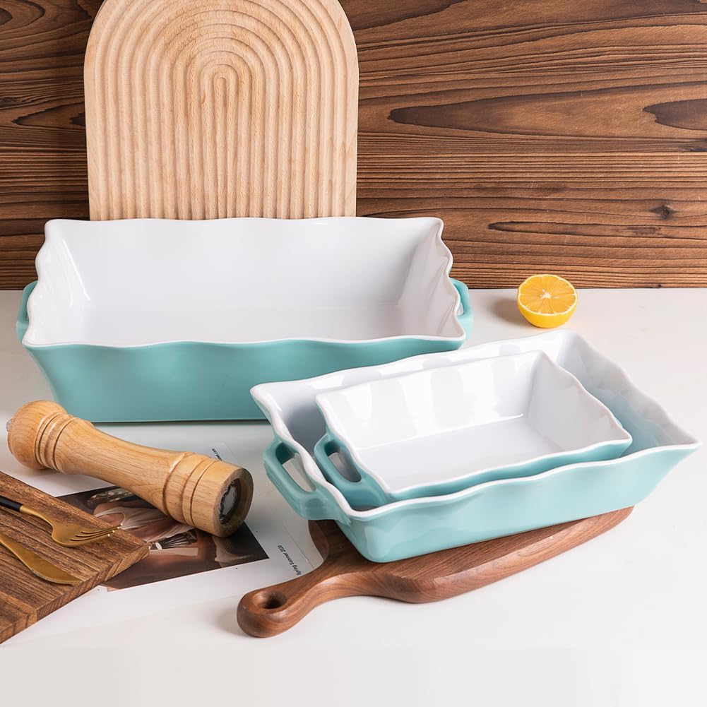 Sweejar Casserole Dishes for Oven, Ceramic Bakeware Set of 3, Rectangular Baking dish with Handles, Wave Edge Lasagna Pan Deep for Cooking, Cake, Dinner, Banquet and Daily Use (Turquoise)
