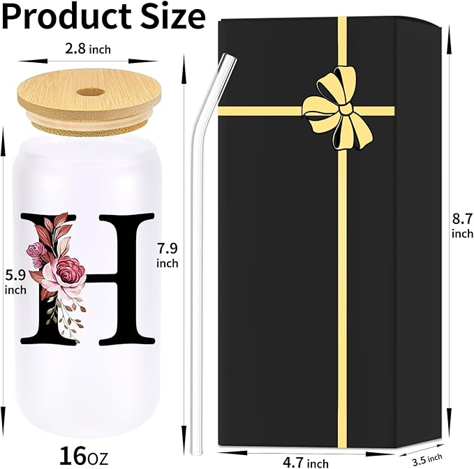 Monogrammed Glass Drinking Cup With Lid Straw Brides Gifts for Her Wedding Day Bridal Shower Bachelorette Party Engaged Engagement Cute Personalized Unique Cool Special Customized Best Present,H